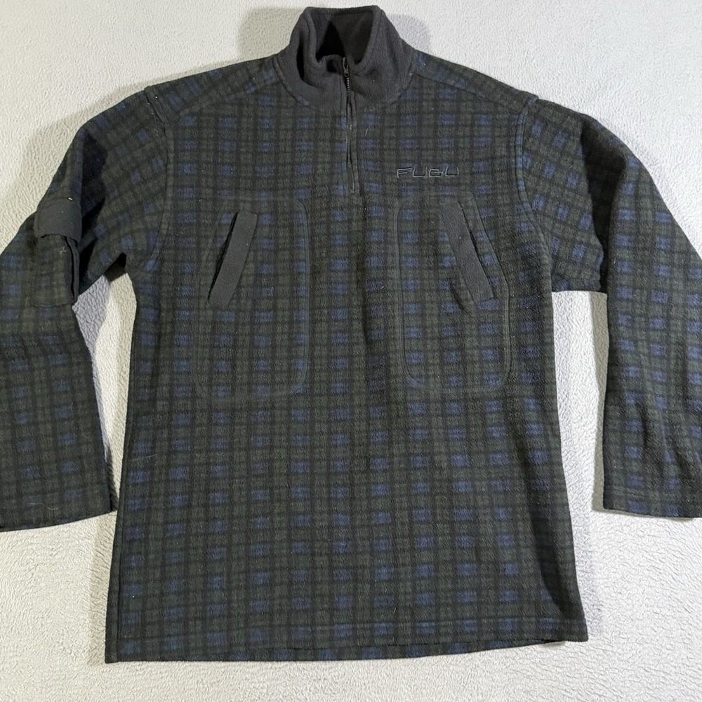 Vintage FUBU Flannel Fleece Green Blue 1/4 Zip Mens Large 16/18 Embroidered